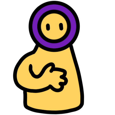 A yellow figure with a purple ring on their head and a hand on hir chest.